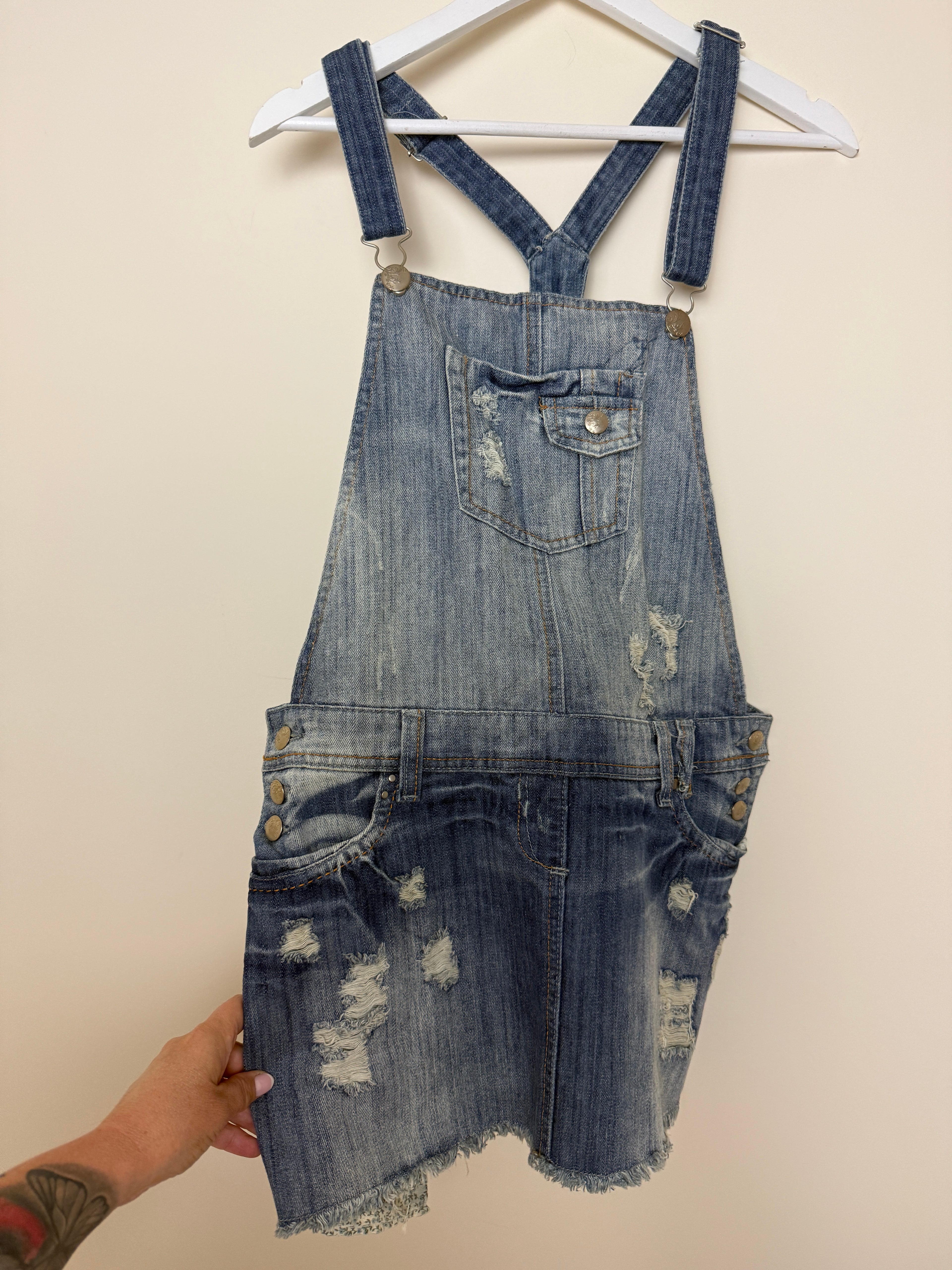 Yes Jeans Dungaree Dress Denim Mini Distressed Y2K Overall UK14
