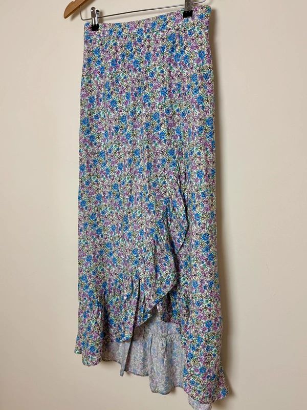 Papaya Pink Blue Ditsy Floral Maxi Skirt Ruffle Hem Split UK 8