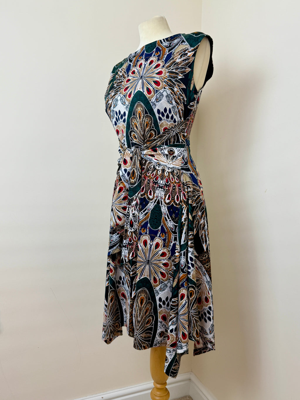Apricot Paisley Peacock Print Midi Dress UK10 Tie Waist Boho