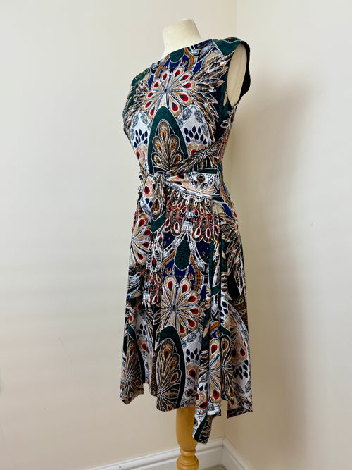 Apricot Paisley Peacock Print Midi Dress UK10 Tie Waist Boho