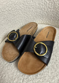Dunlop Nisha Mule Sandals Black Leather Gold Buckle Cork Footbed UK8 EU41