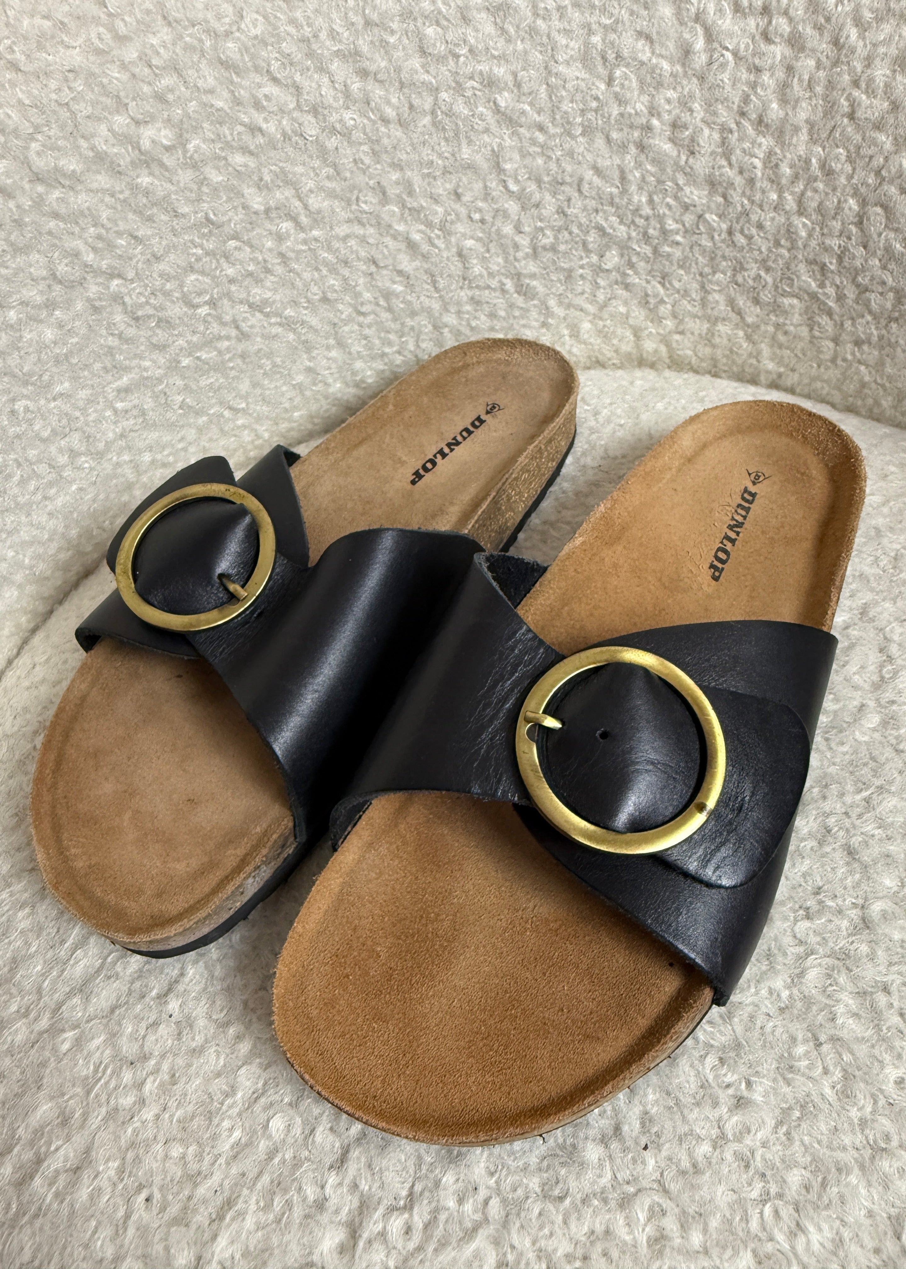 Dunlop Nisha Mule Sandals Black Leather Gold Buckle Cork Footbed UK8 EU41