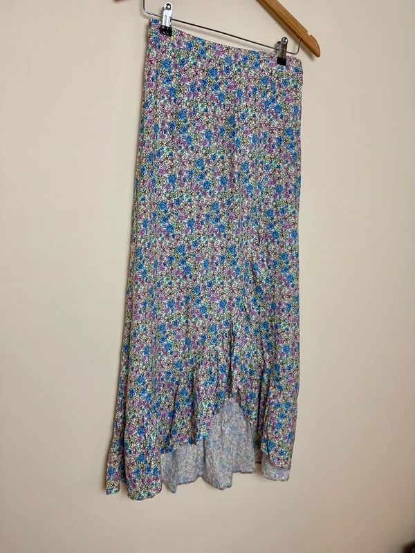 Papaya Pink Blue Ditsy Floral Maxi Skirt Ruffle Hem Split UK 8