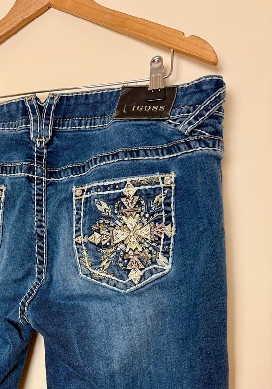 Vigoss Chelsea Y2K Bootcut Jeans Dark Wash Embellished Low Rise UK 14