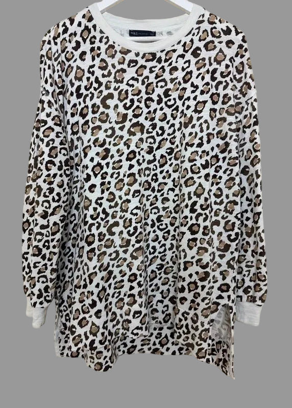 M&S Leopard Print Sweatshirt Brown Black White Cotton Long Sleeve UK14