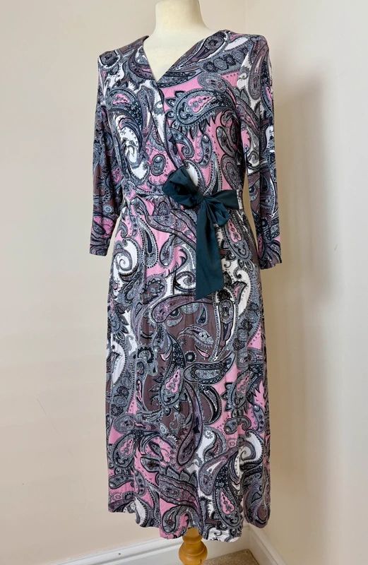 Soon Pink Paisley Wrap Style Stretch Midi Dress UK 12