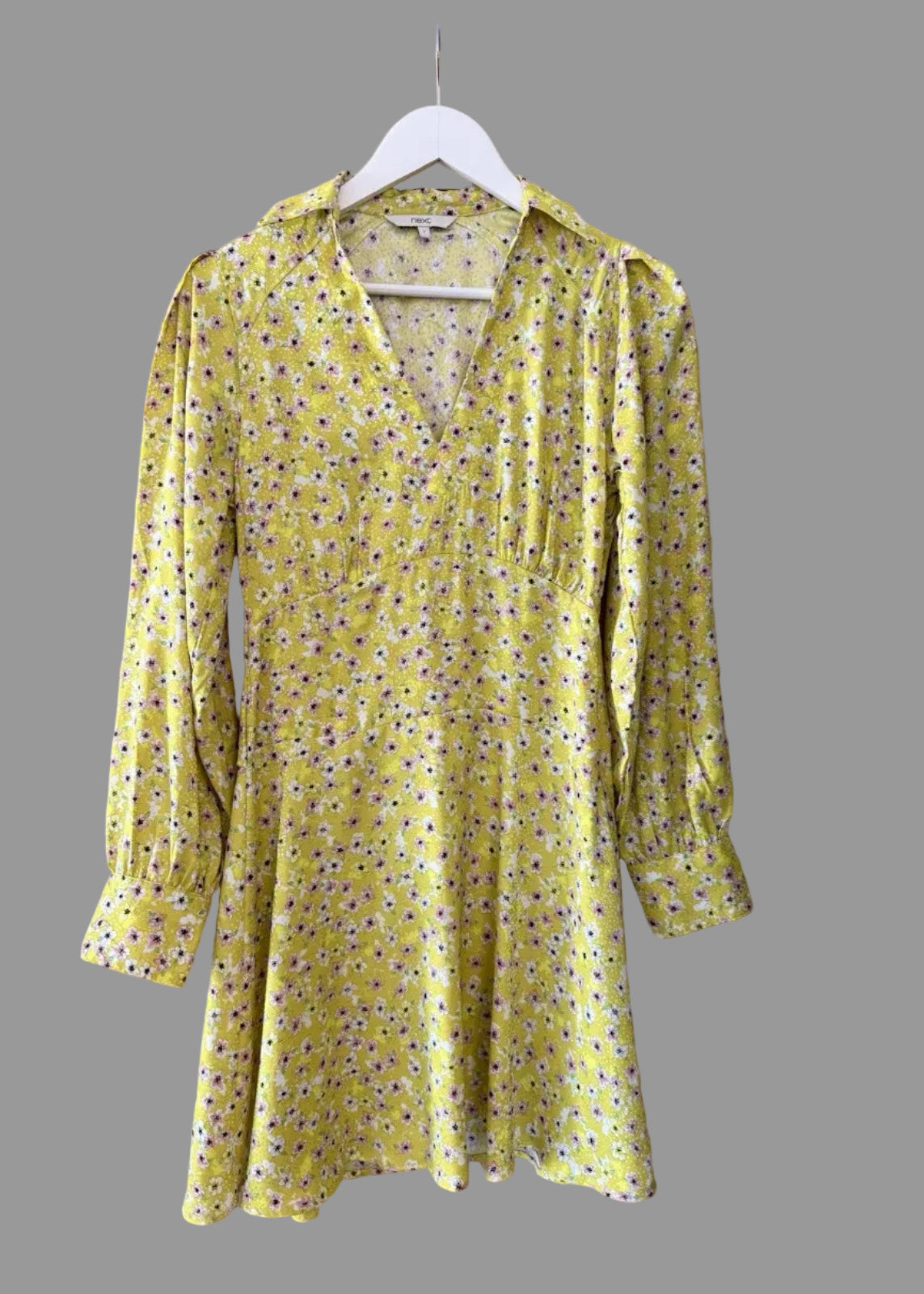 Next Floral V Neck Yellow Dress - UK 6