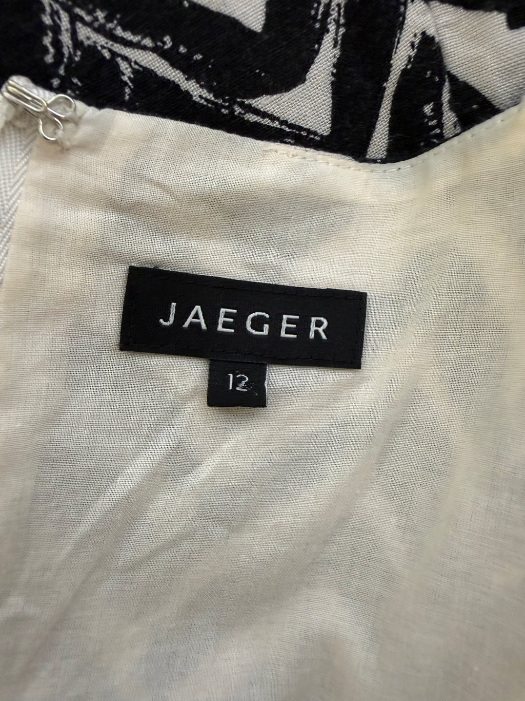 Jaeger Black Ivory Chevron Shift Dress UK12 Sleeveless Linen Blend Abstract