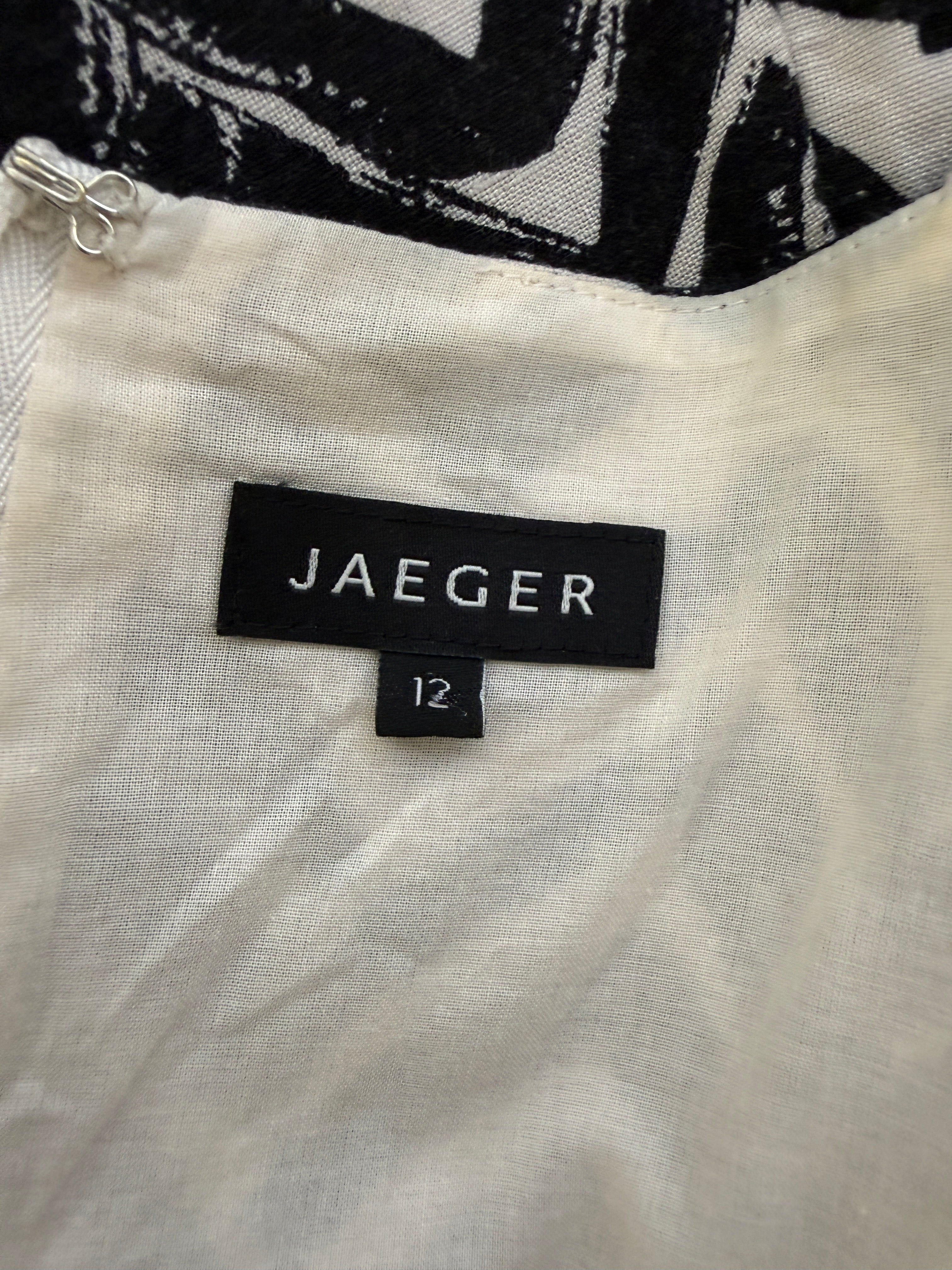 Jaeger Black Ivory Chevron Shift Dress UK12 Sleeveless Linen Blend Abstract