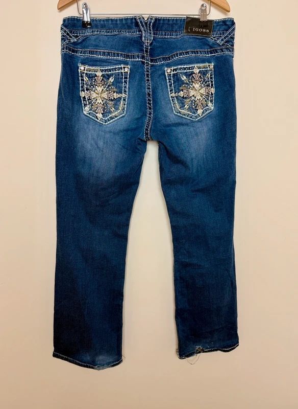 Vigoss Chelsea Y2K Bootcut Jeans Dark Wash Embellished Low Rise UK 14