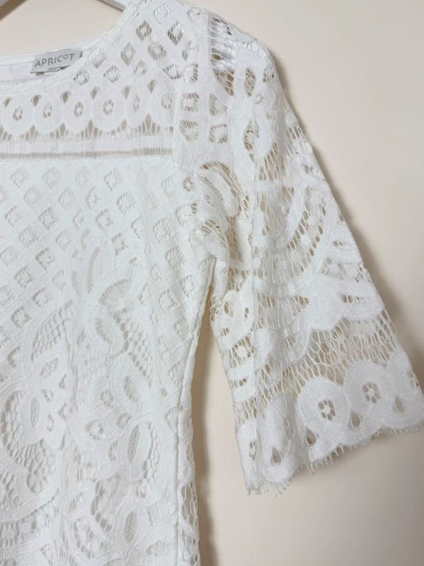 Apricot White Lace Top UK 8 Sheer Sleeve Round Neck Blouse