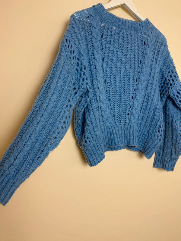 Emi-Jo Light Blue Mohair Open Cable Chunky Jumper  - Medium