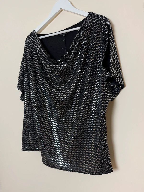 Envy Metallic Ruched Party Top Black Silver Shimmer Short Sleeve UK 18