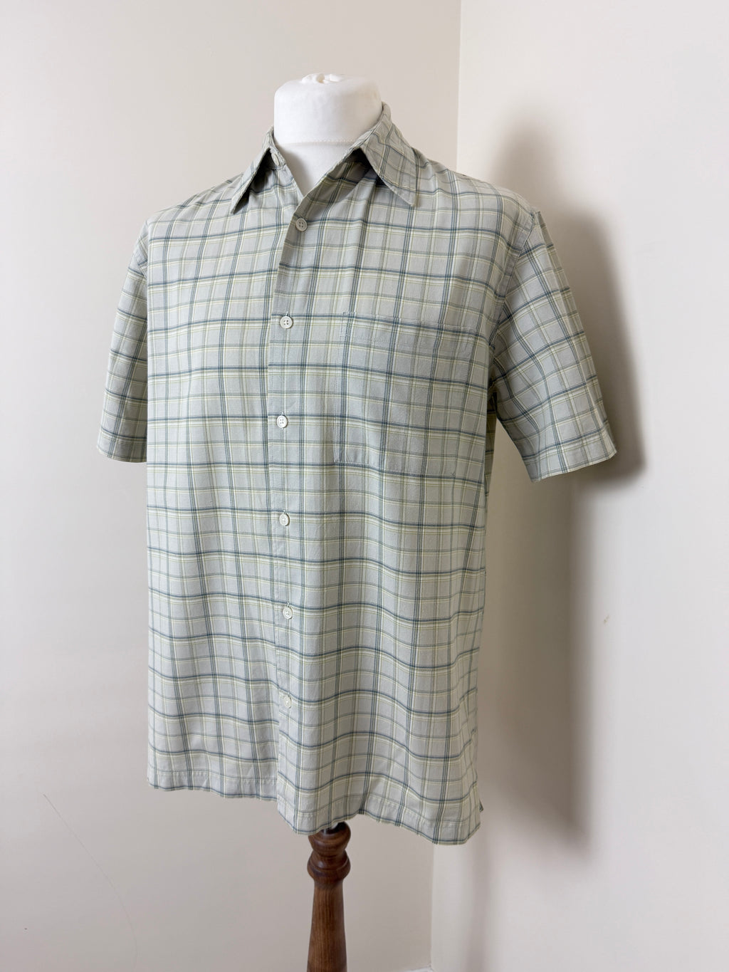 Marks & Spencer Beige Blue Check Cotton Shirt Mens Small ( more medium )