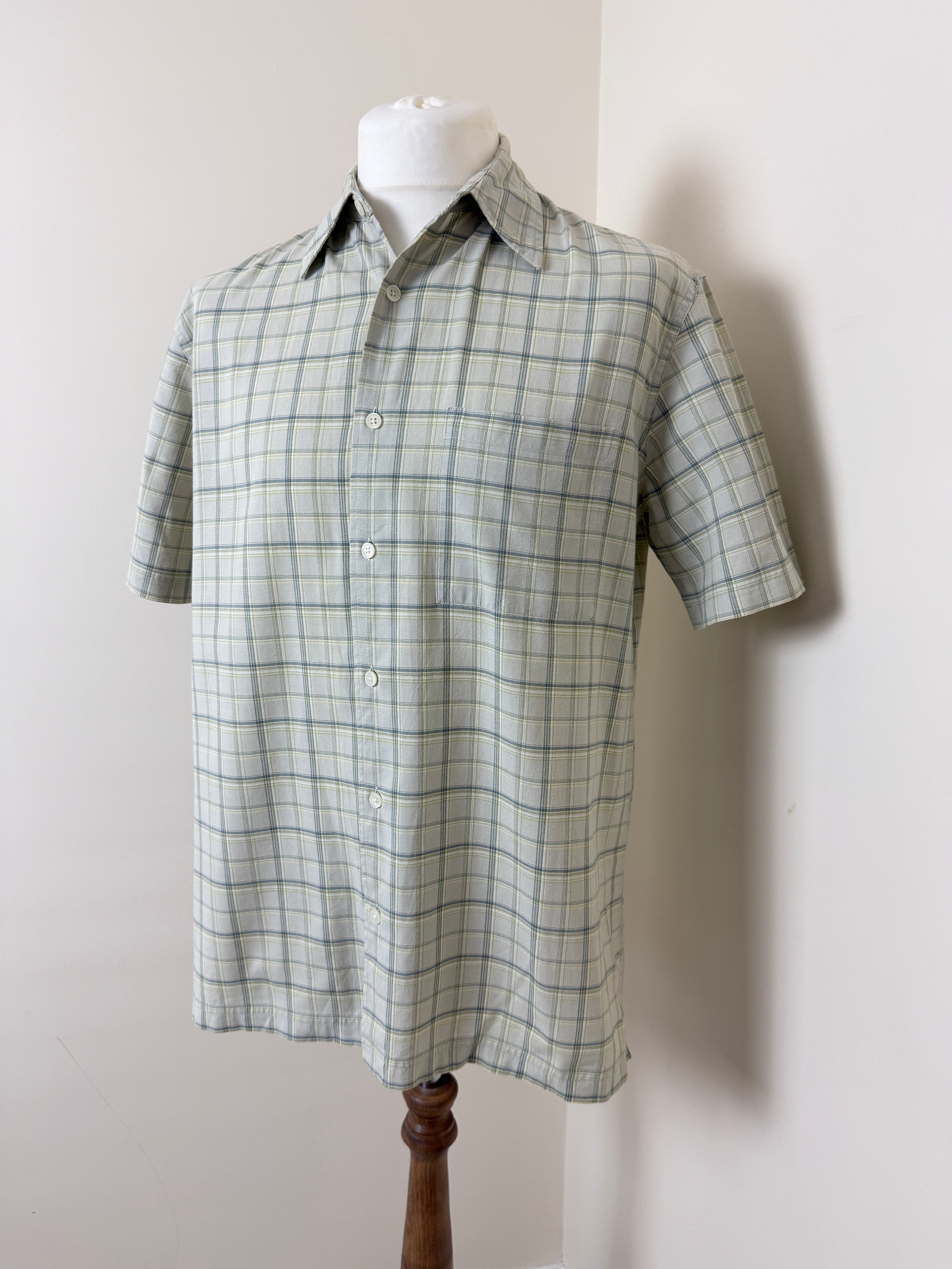 Marks & Spencer Beige Blue Check Cotton Shirt Mens Small ( more medium )