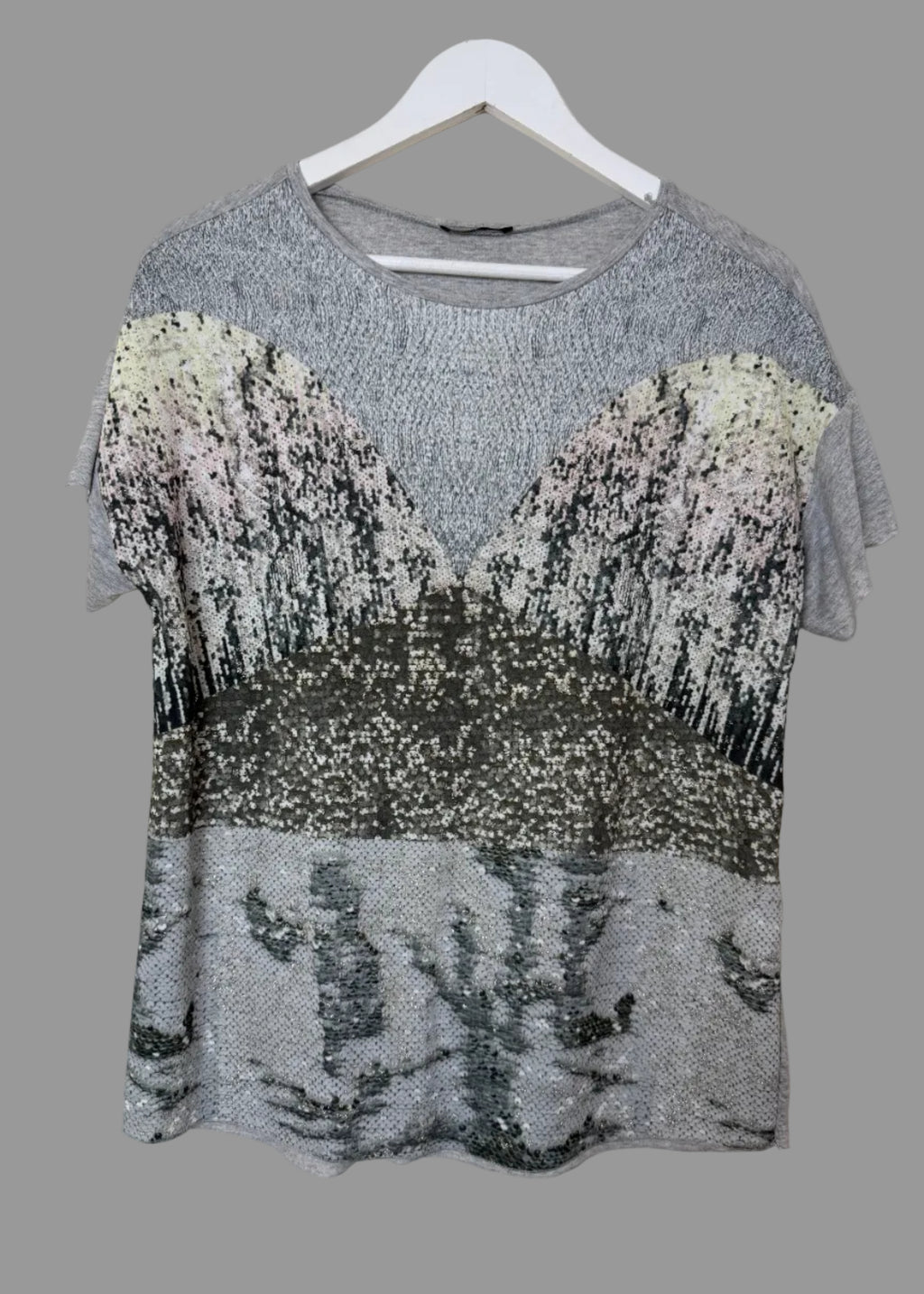 ZARA Grey Sequin Print Oversized T Shirt Medium