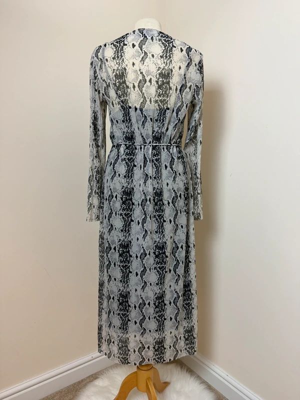 & Other Stories Snakeskin Print Maxi Dress UK10 Grey Mesh Sleeve Tie Belt