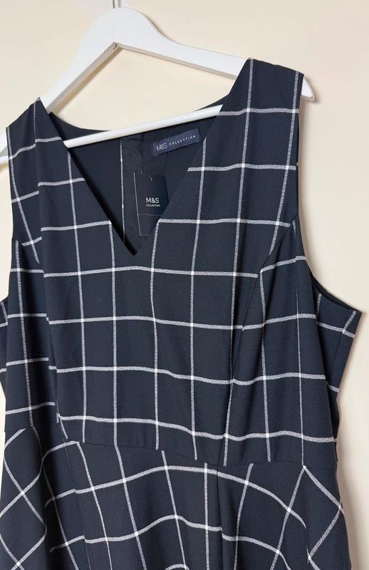 M&S Collection Navy & White Checked Fit & Flare Lined Dress – BNWT, UK 18, Smart Occasion