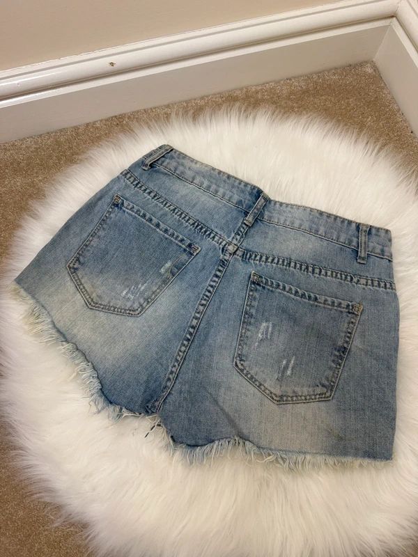 Collection Distressed Y2K Denim Shorts – Embellished with Pearls, Crystals & Mesh Fringe, W28 / UK 10