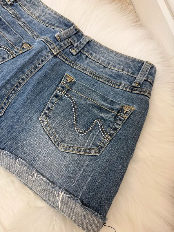 Oxygen Perfect Fit Y2K Denim Micro Mini Skirt Distressed Turn Up Hem Low Rise UK8