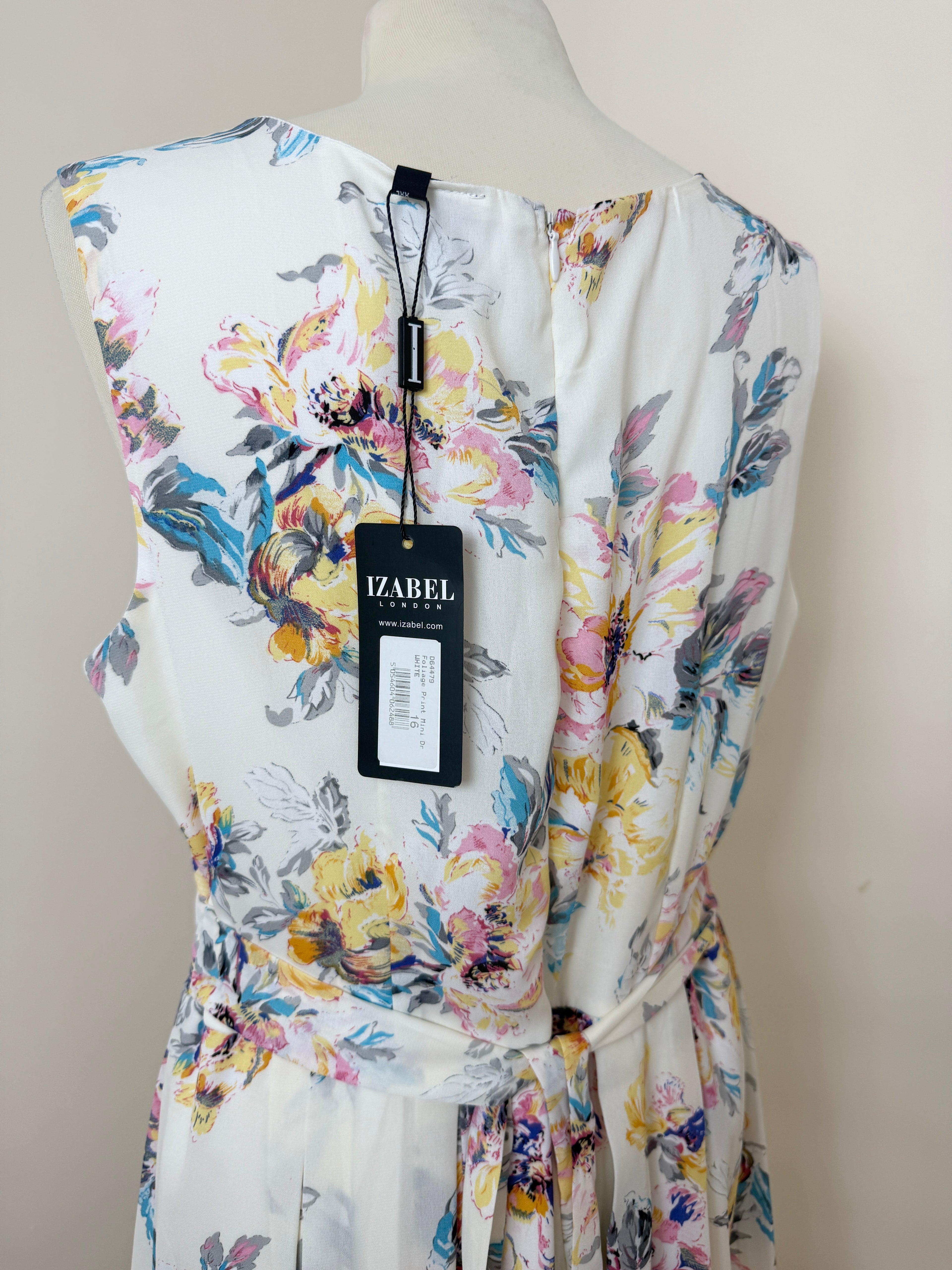 Izabel London Floral Dress UK16 BNWT Sleeveless Pleated High Neck Fit & Flare