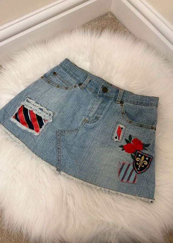 Girls Stuff Hilary Duff Y2K Patchwork Denim Micro Mini Skirt Studded Low Rise W24