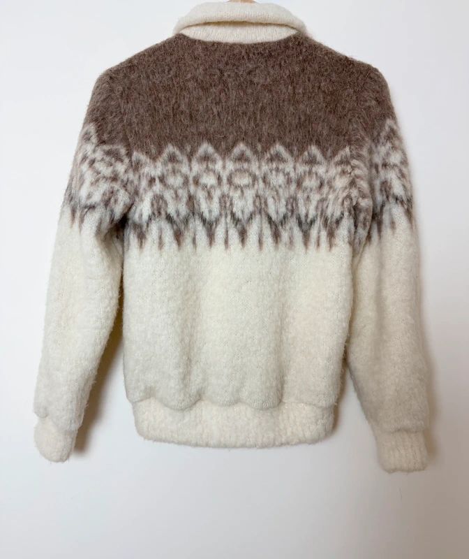 Vintage 1980s Nanook Nordic Mohair Blend Jacket Cream Brown Fuzzy Zip Up Small