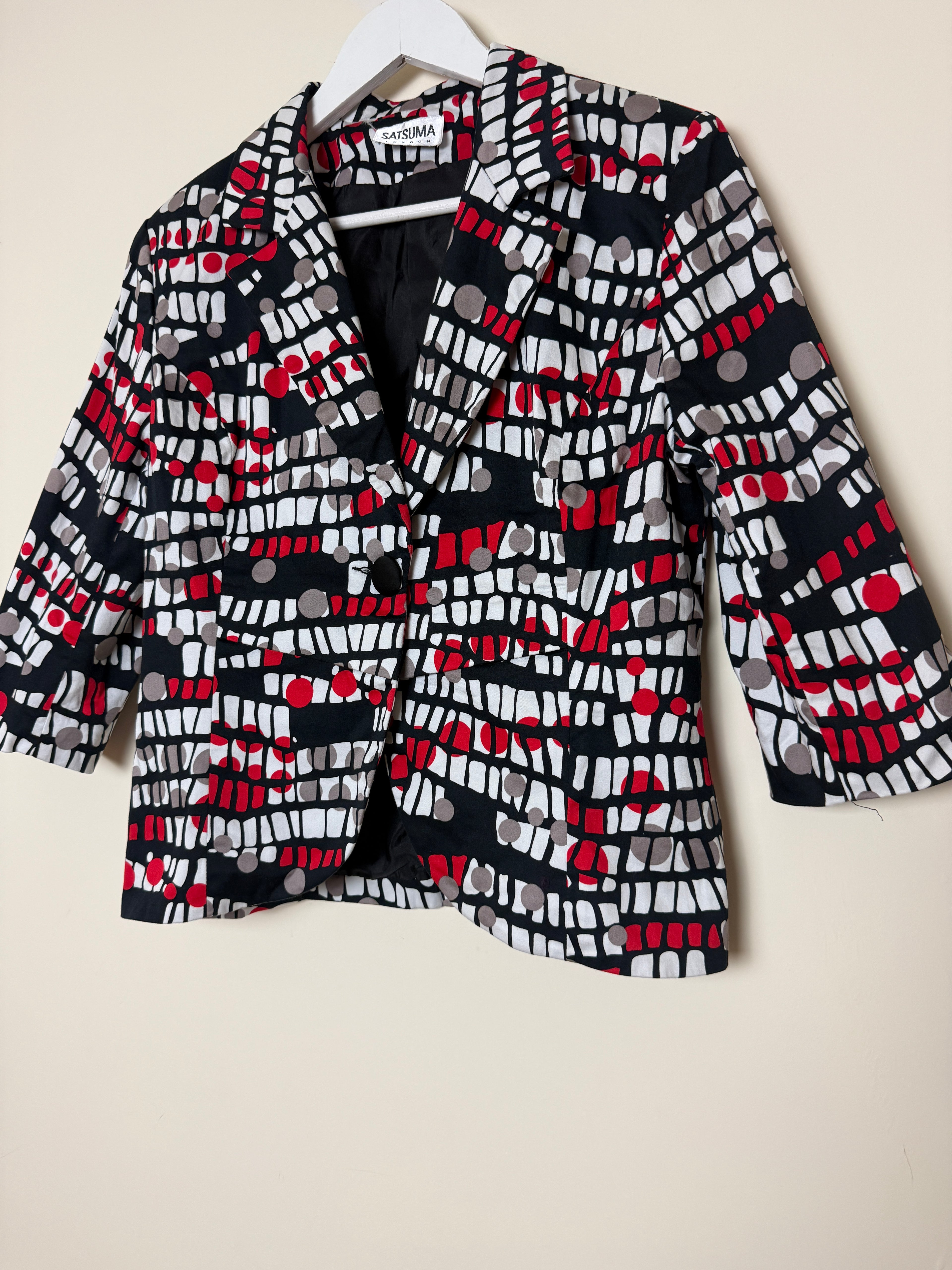 Satsuma London Jacket Red Black White Abstract Geometric 3/4 Sleeve UK14