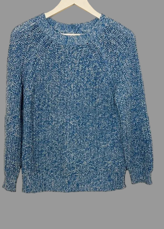 WoolOvers Blue Cable Knit Jumper Medium Cotton Crew Neck Button Back