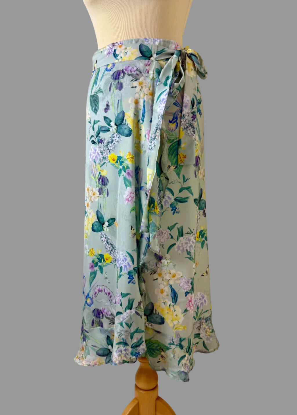 Lipsy Wrap Skirt Green Floral Satin Ruffle Hem Midi Tie Waist UK14
