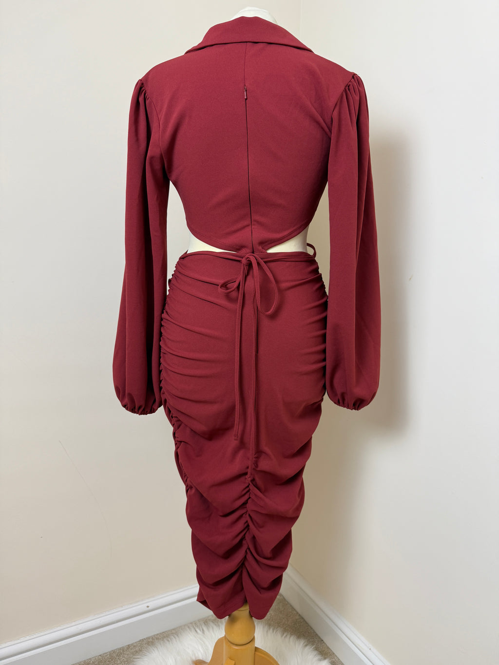 ASOS Burgundy Cut Out Ruched Midi Dress UK 10 Balloon Sleeve V Neck