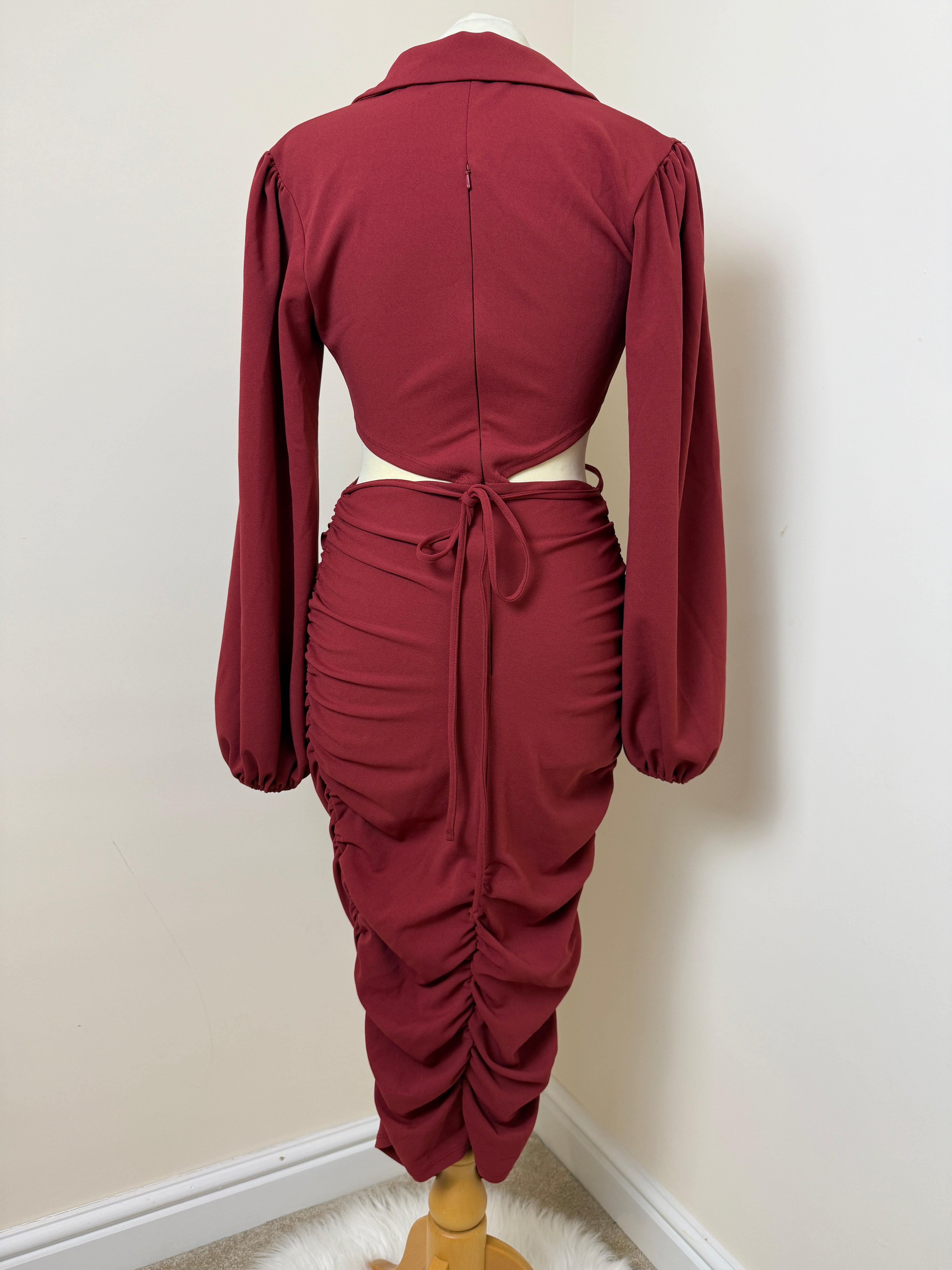 ASOS Burgundy Cut Out Ruched Midi Dress UK 10 Balloon Sleeve V Neck