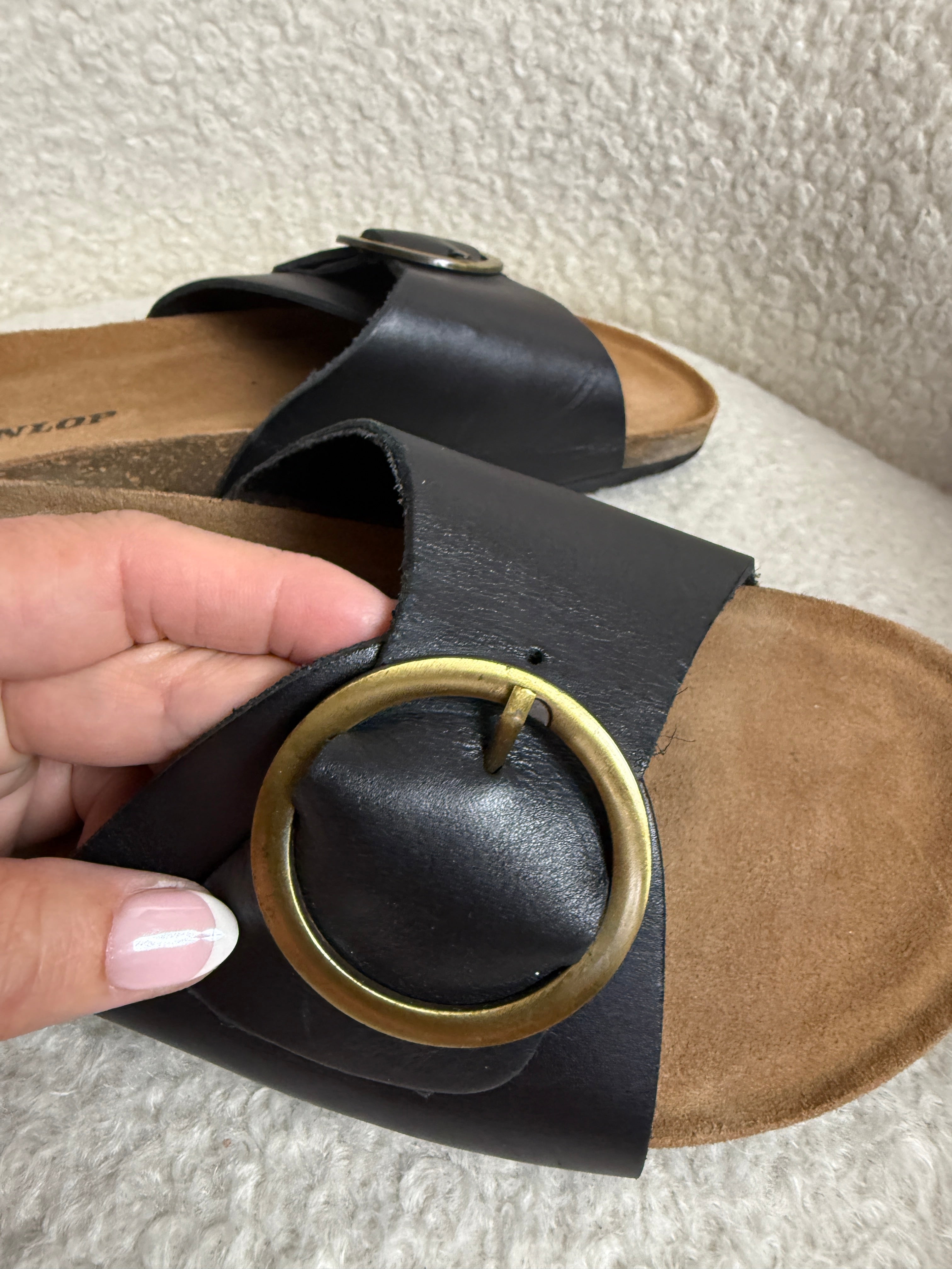 Dunlop Nisha Mule Sandals Black Leather Gold Buckle Cork Footbed UK8 EU41