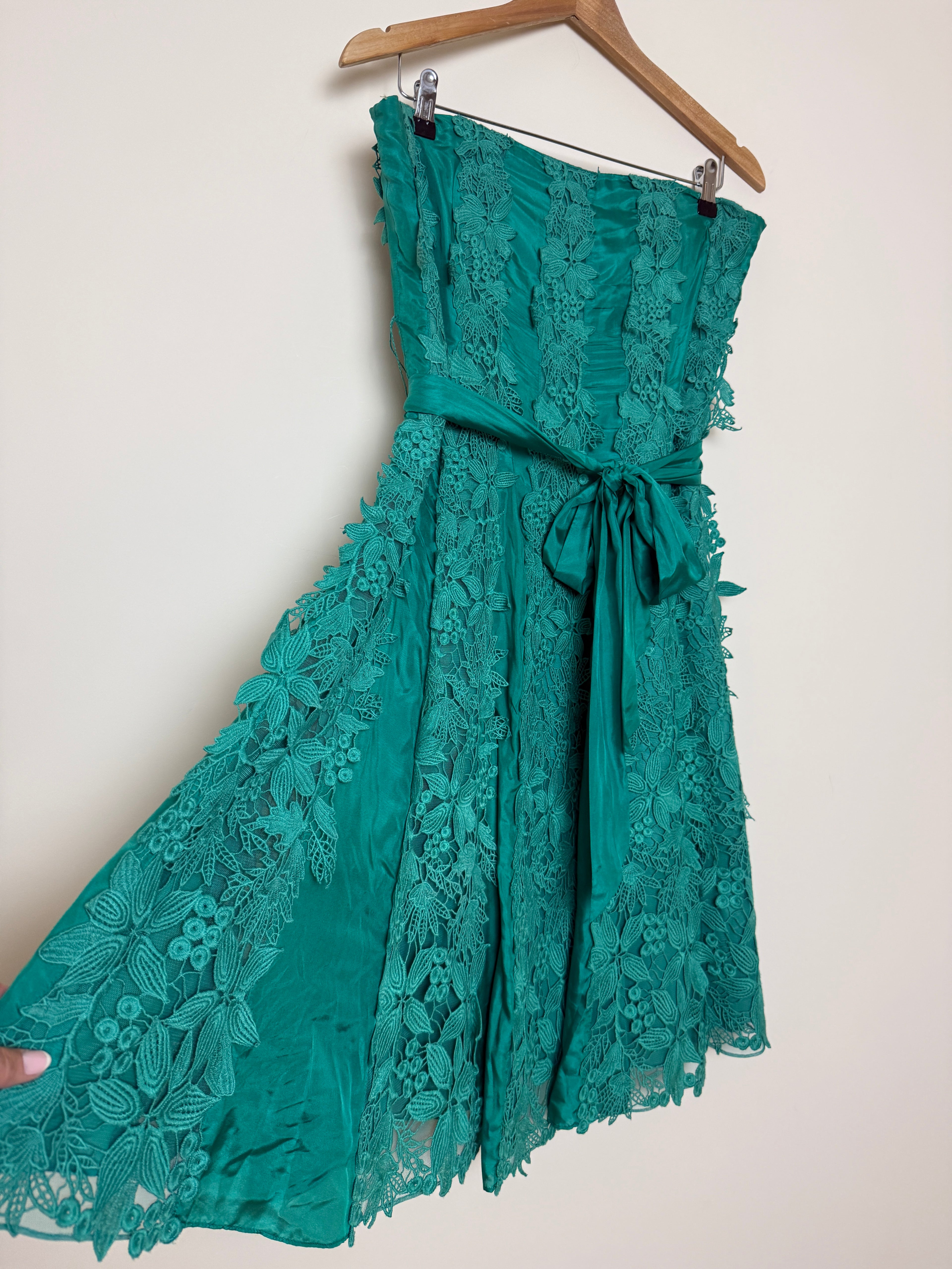 Coast Silk Lace Dress Jade Green Strapless Guipure Cocktail UK14