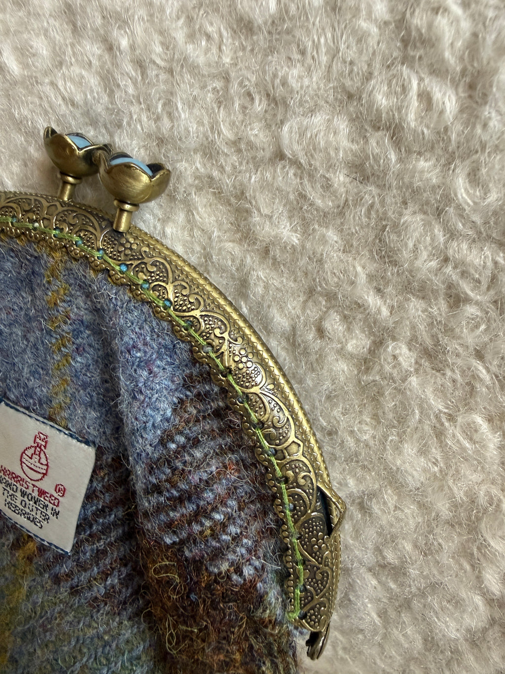 Harris Tweed Eigg Coin Purse Tartan Kiss Lock Orb Label Blue Satin Lining