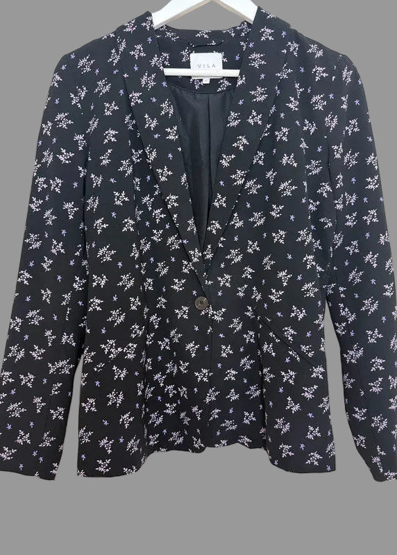 Vila Black Floral Print Single Breasted Lightweight Blazer - UK10