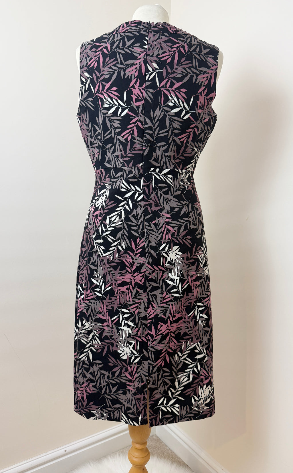 Apricot Black Leaf Print Bodycon Dress UK14 Sleeveless Ruched Waist