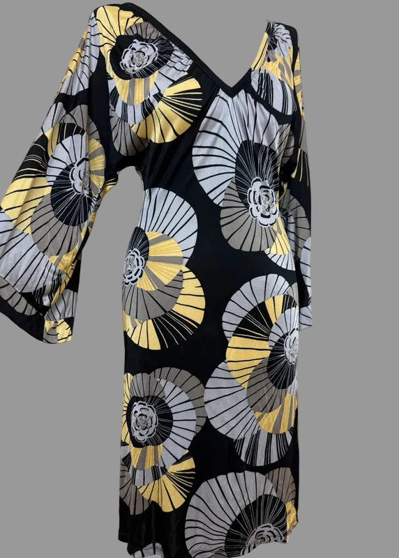 Zara Collection Yellow Black Grey Floral V Neck Bodycon Dress  - Medium