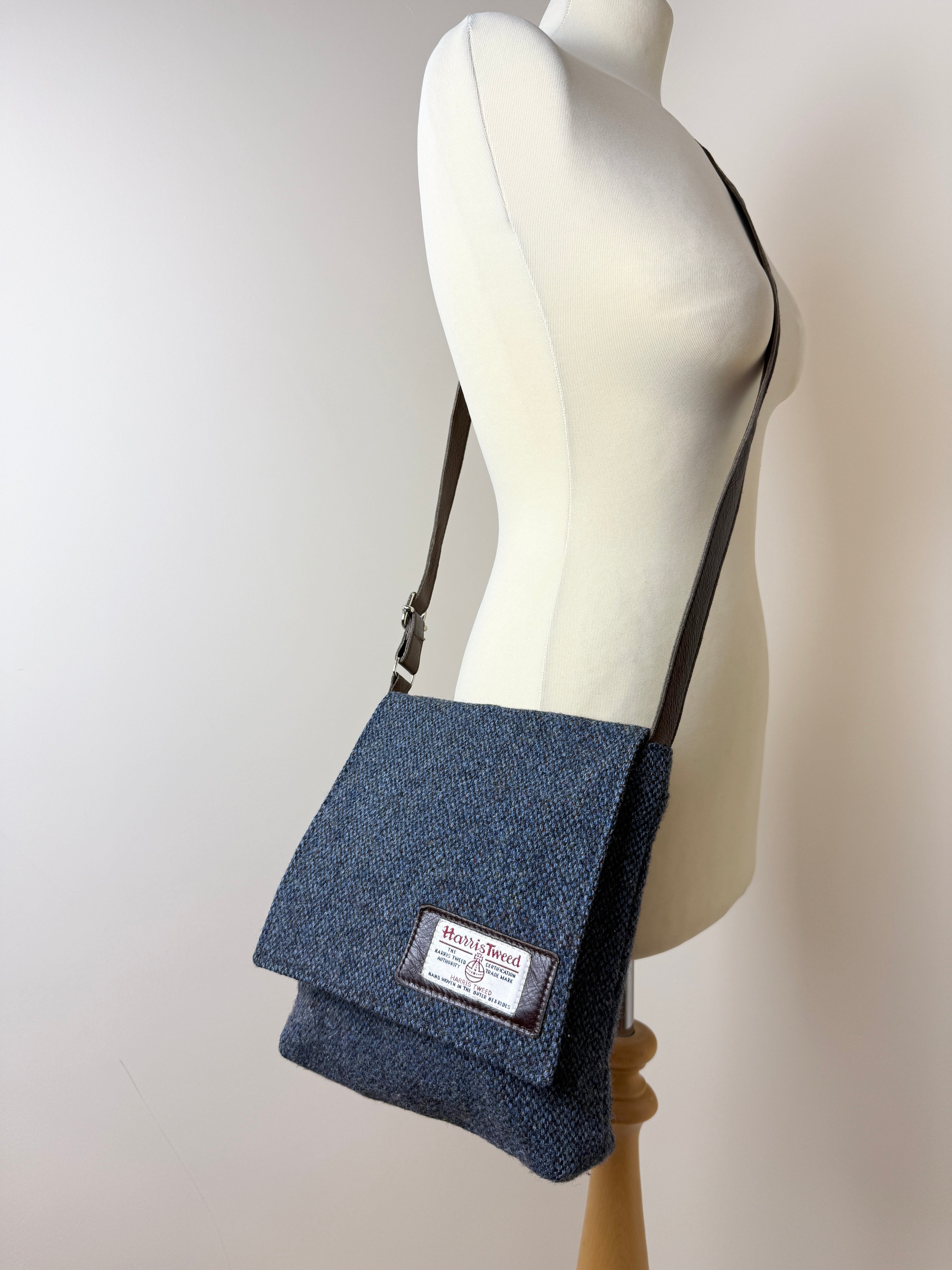 Harris Tweed Messenger Crossbody Bag Navy Herringbone Wool