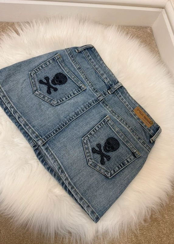 D*Klic Lightwash Denim Mini Skirt Y2K Skull Embroidery Low Rise UK8