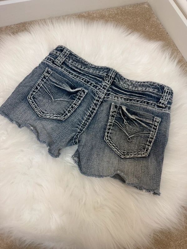 Blue Asphalt Y2K Denim Micro Shorts Dark Wash Low Rise UK 8