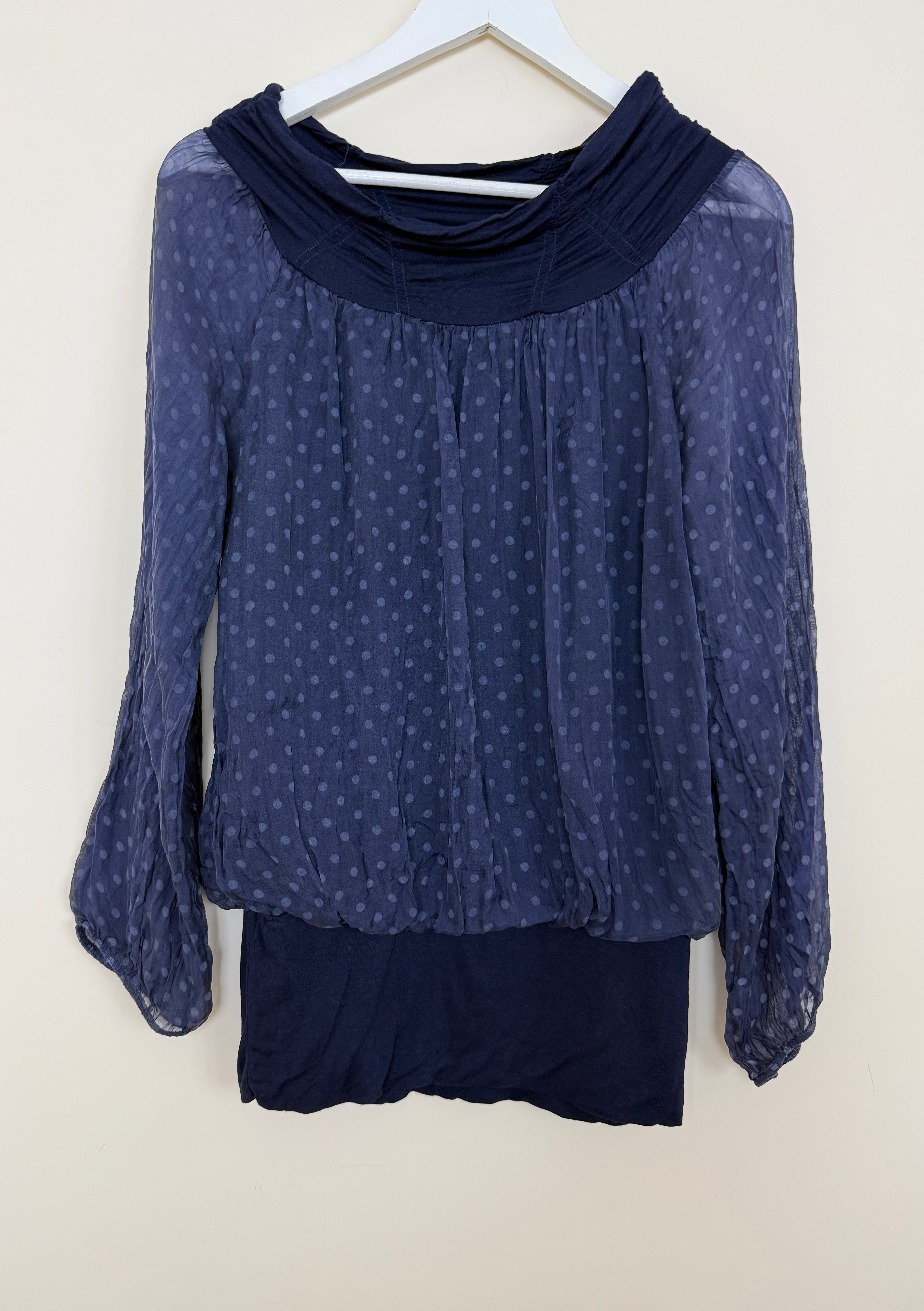 Made In Italy Navy Blue Sheer Polka Dot Balloon Sleeve Blouse Medium