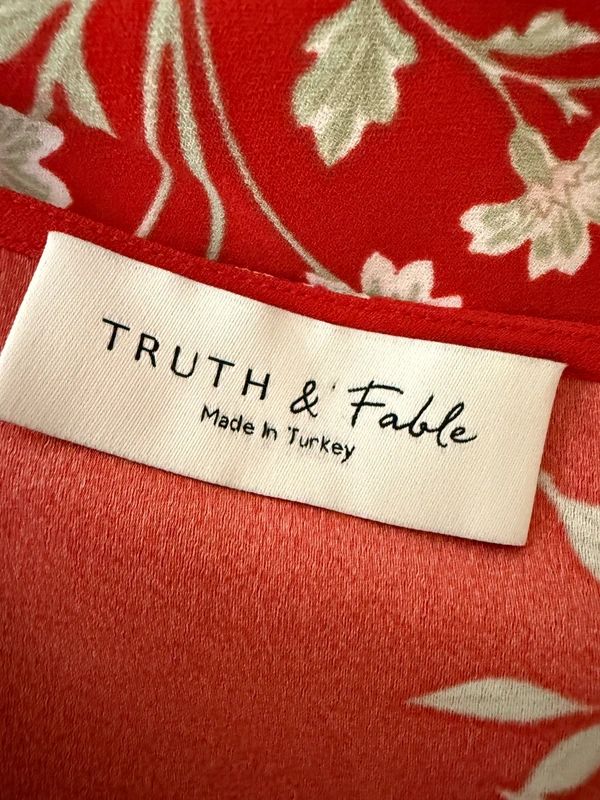 Truth & Fable Red Oriental Floral Kimono Style Midi Dress V Neck XL