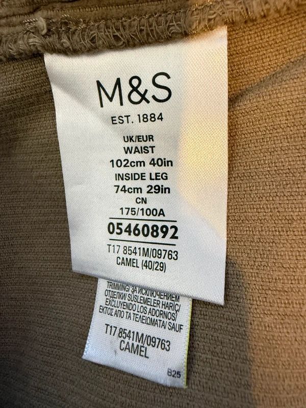 M&S Corduroy Trousers Camel Straight Leg Cotton Regular Fit W40 L29