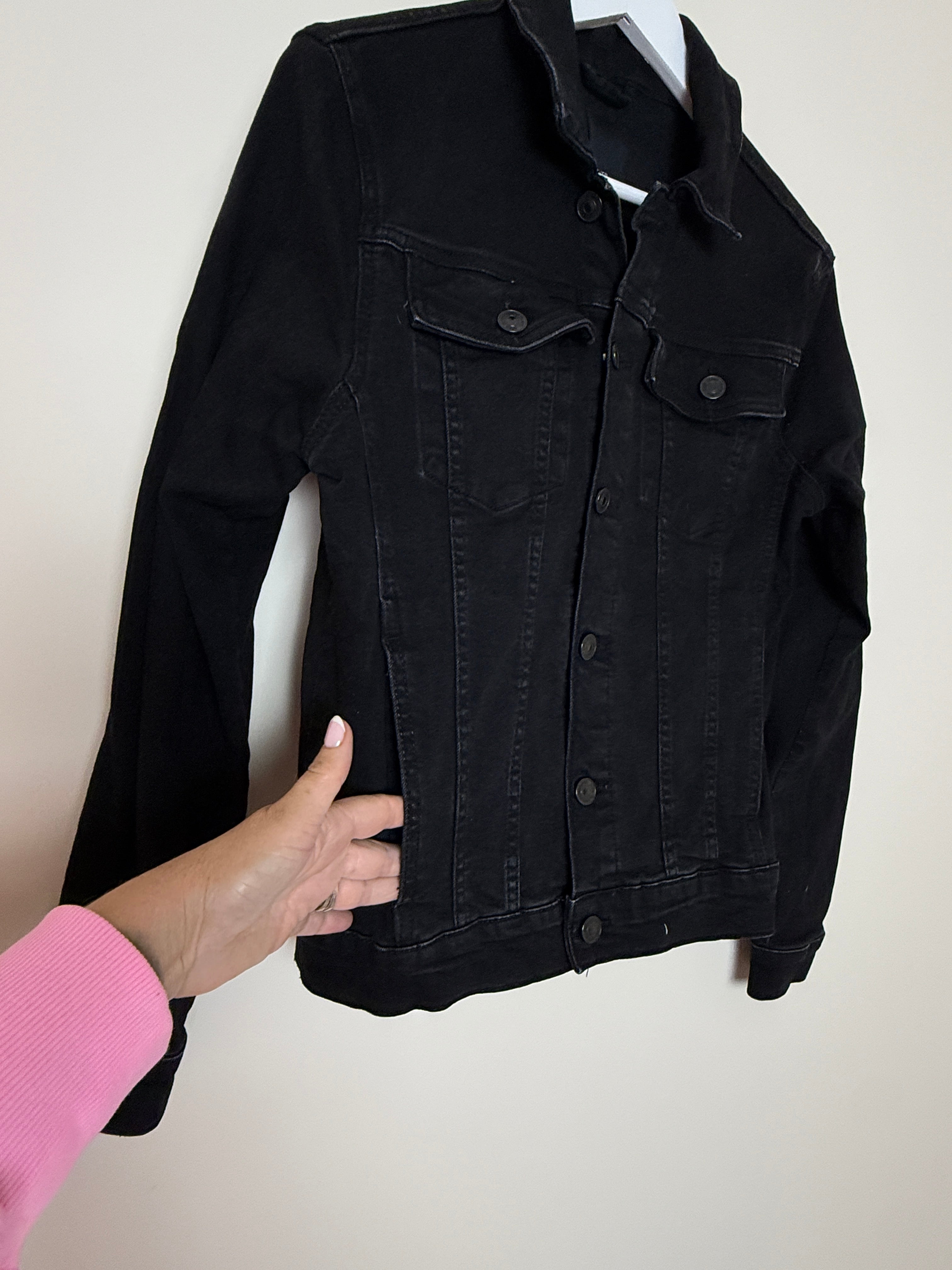 River Island Denim Jacket Black Stretch Slim Fit Trucker Womens