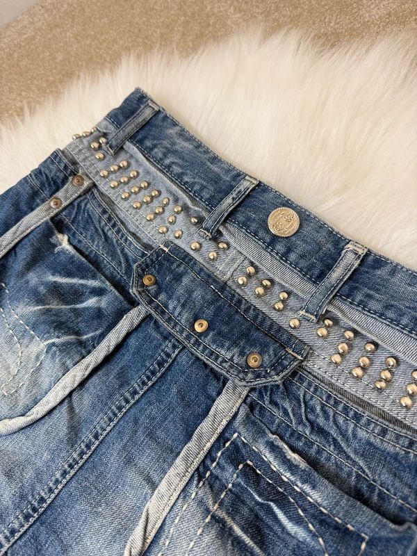 First Moon Y2K Grunge Denim Micro Mini Skirt Studded Distressed Pockets UK10
