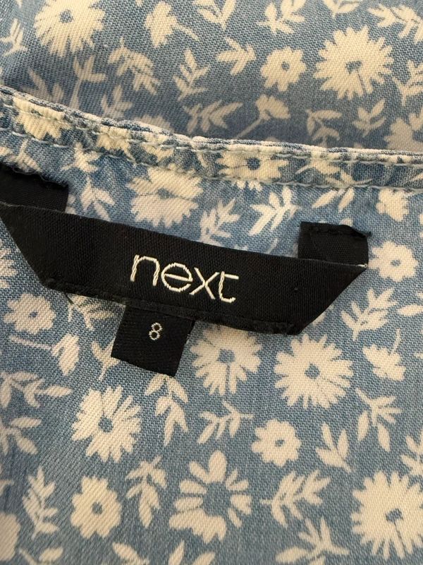 Next Light Blue Ditsy Floral Mini Dress UK8 Flutter Sleeve Button Front