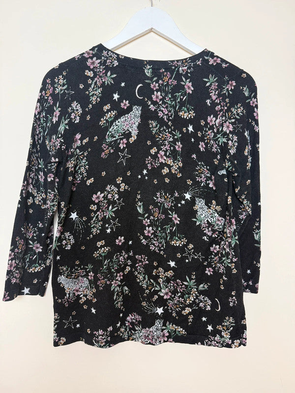 Next Black Floral & Animal Print 3/4 Sleeve Jersey Top - UK12