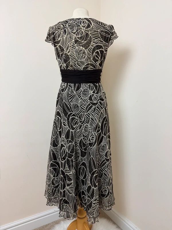 Phase Eight Brown Cream Midi Occasion Dress UK10 Sheer Wrap Bodice Floaty Skirt