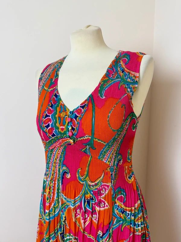 East Paisley Plisse Dress Sleeveless Fit & Flare Boho V Neck UK8